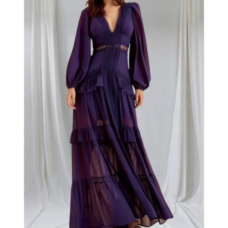 Moda elegância feminina longo maxi vestido 2025 rendas profundo decote em v manga cheia em camadas babados bordas vestidos de festa rua