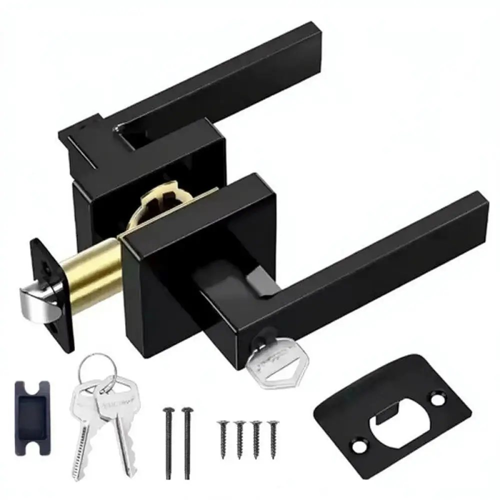 Modern Black Door Lever Lock Set American Three Pole Design For Indoor Wooden Doors Sturdy Mechanical Latch Hardware