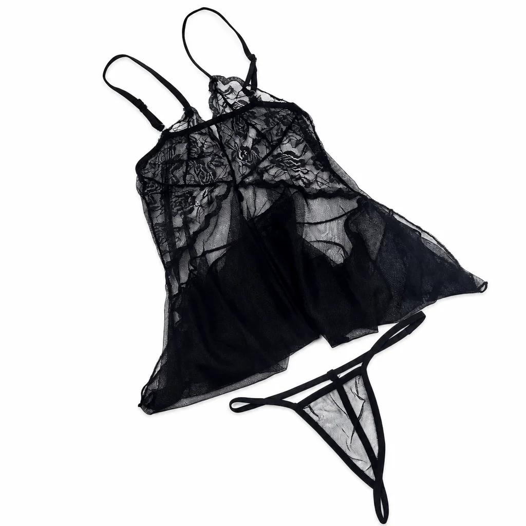 Fashion Sexy Night Dress Transparent Costumes Underwear Lace Sleepwear Women's Lingerie Set Babydoll Nightwear with G-string