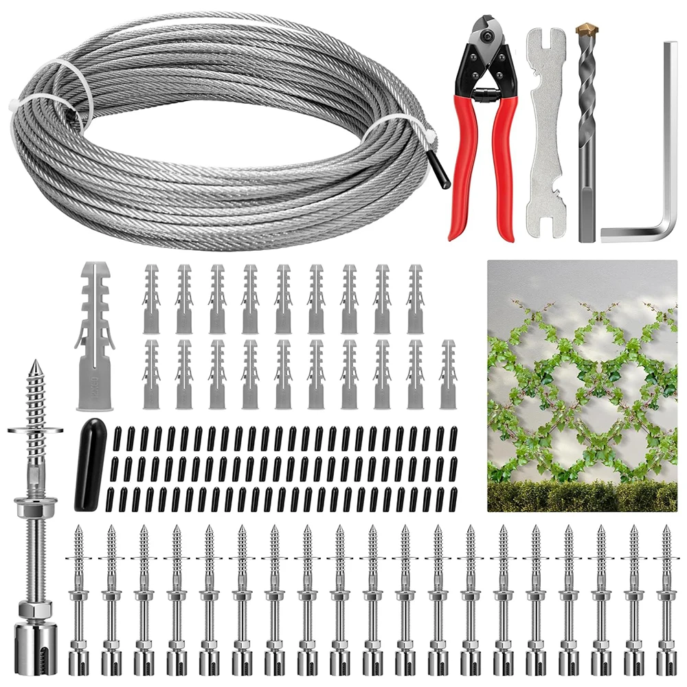 20PCS Wall Wire Trellis Kit for Climbing Plants Outdoor 30Meter Wire Ropes 98.3ft Stainless Steel Hubs Green Wall Cable System