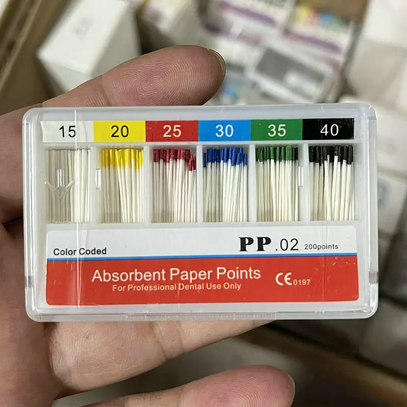 Punktiki papierowe dentystyczne 02/04, chłonne, do oczyszczania korzeni, endodoncja, końcówki z włókna bawełnianego, produkt dentystyczny, różne rozmiary.