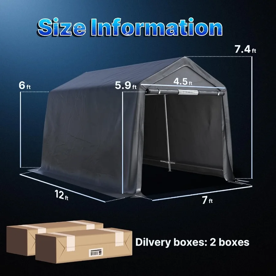Outdoor portable storage shelter for motorcycle/ATV: 7x12 ft, 2 roll-up doors vents, heavy-duty metal frame, anti-UV snow-resis