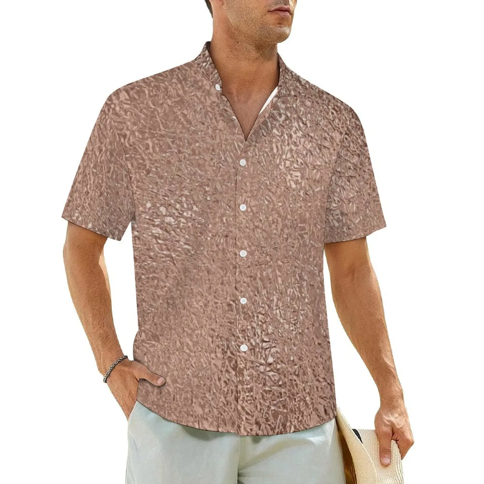 Hawaiian Shirt Vacation Faux Metallic Blouses Rose Gold Glitter Metal Vintage Casual Shirts Man Short-Sleeve Oversized Clothing