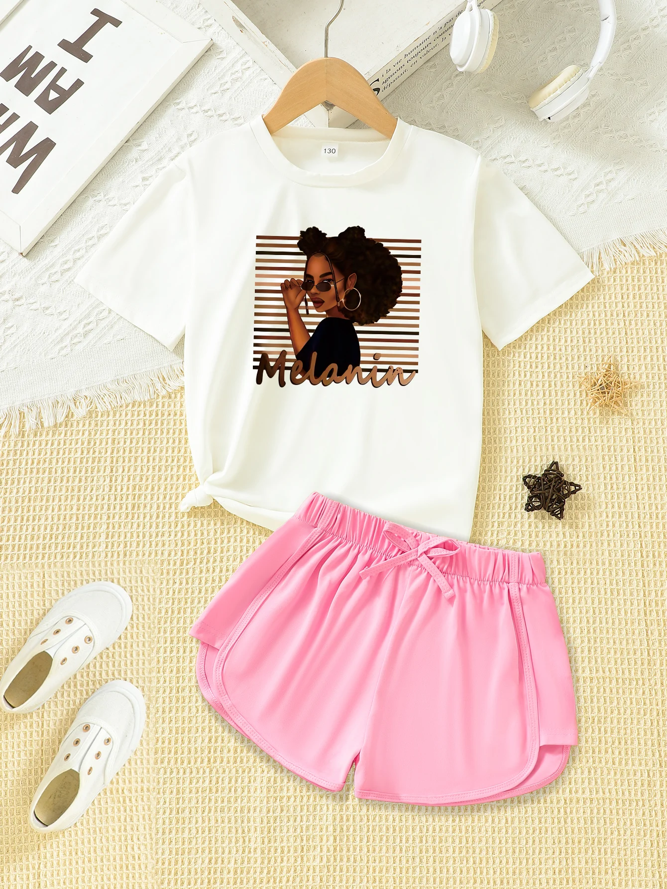 2 Piece Summer Clothing Set for Girls Printed Casual Short Sleeve Shorts Polyester for Comfortable and Soft Clothes For Girls