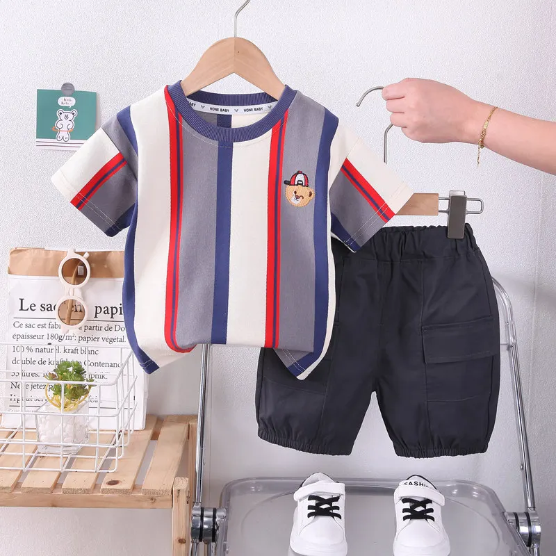 Ropa de algodón para niños y niñas, camisetas con tiras, pantalones cortos, chándal de moda para niños pequeños de 0 a 5 años, conjunto de 2 piezas