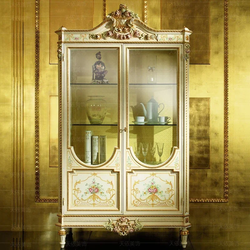 European high-end double-door display cabinet living room white painted wine cabinet Luxury palace Baroque style wine cabinet