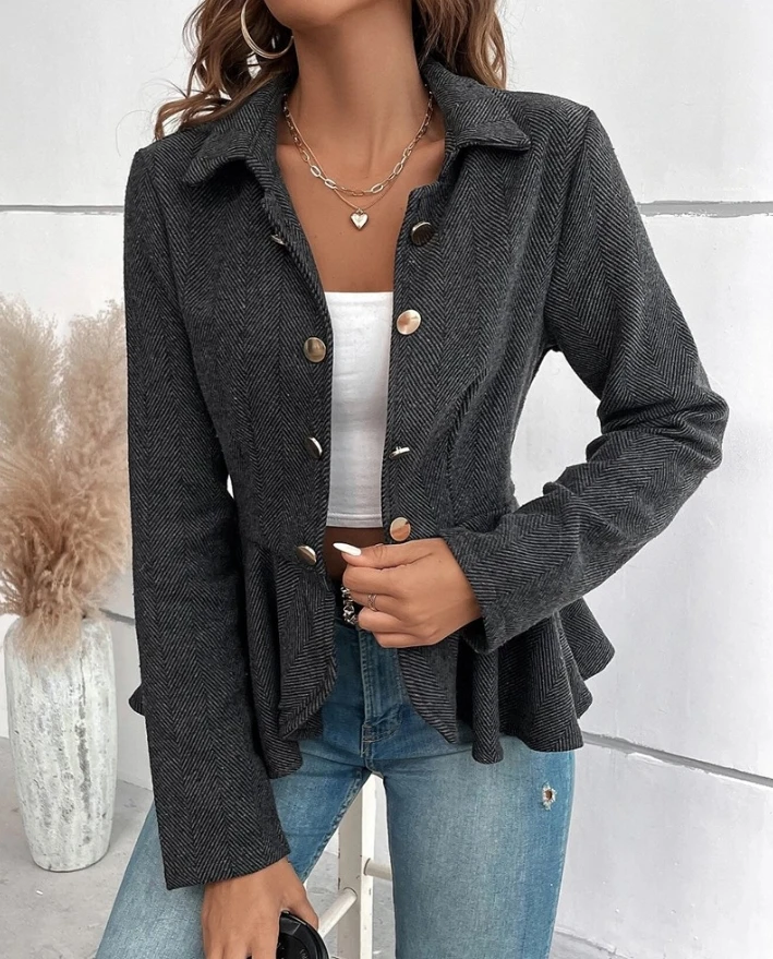 Elegant Striped Button Front Ruffle Hem Slim Fit Blazer Coat 2025 Autumn Winter New Fashion Casual Female Clothing Outfits