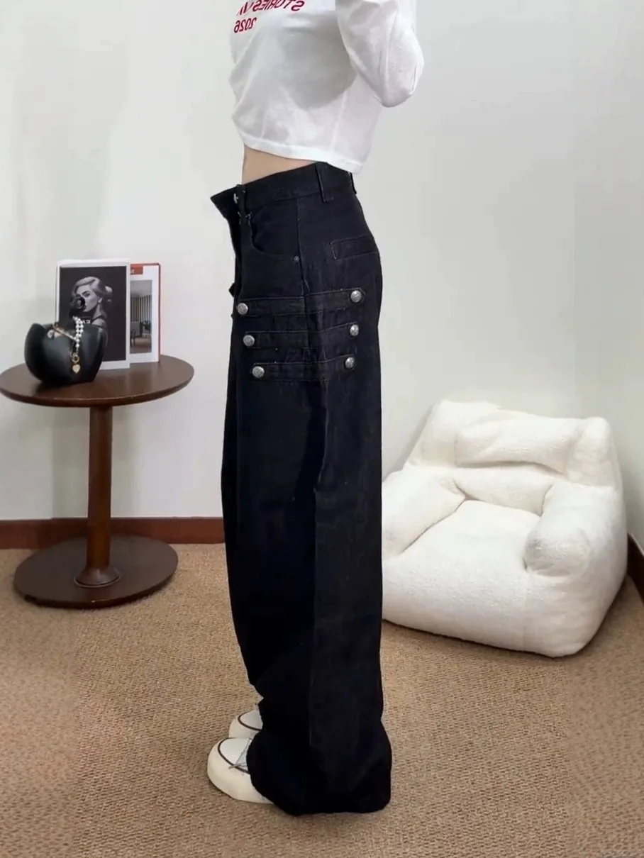 plus Size American Style Double Side Button Design Black Wide Leg Jeans Women Loose Straight Leg Slimming Casual Drapey Long ...