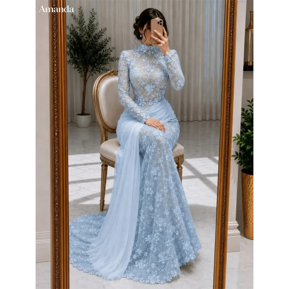 Amanda Customized Chiffon High‑Neck Long Sleeve 3D Floral Lace Mermaid Dresses Evening Gown Draped Modest Elegant Women's dress