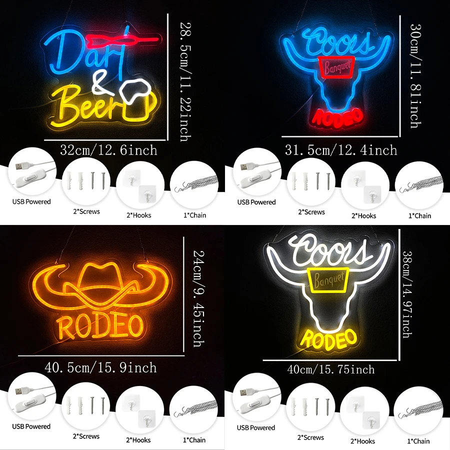 Rodeo Neon Sign For Wall Decor,Light Up Sign For Man Cave Decor,Game Room,Beer Bar,Club Party,Hotel,Cafe,Gift For Friends