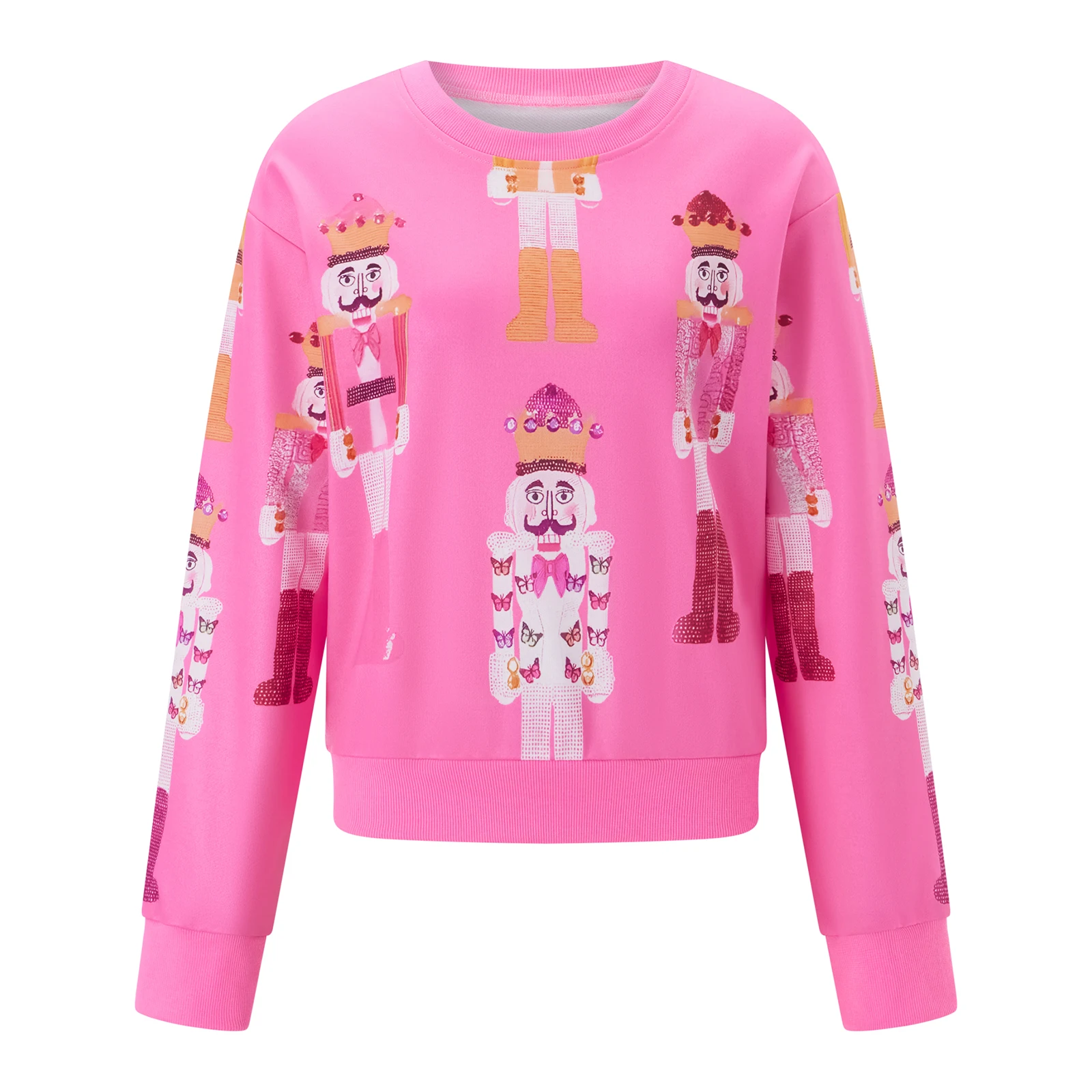 Combhasaki Women Y2K Christmas Sequins Cartoon Soldier Print Sweatshirt Contrast Color Long Sleeve Round Neck Pullover Crop Tops