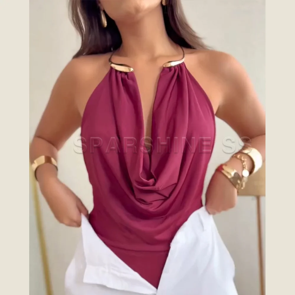 

Бордовое боди с вырезом халтер и глубоким V-образным вырезом, без рукавов, с открытой спиной, корректирующее, облегающее, для вечеринок и клубов