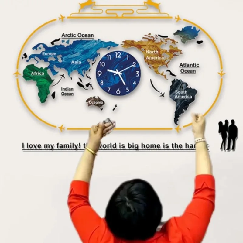 World map Clocks Wall clock Living room Modern simple home decoration