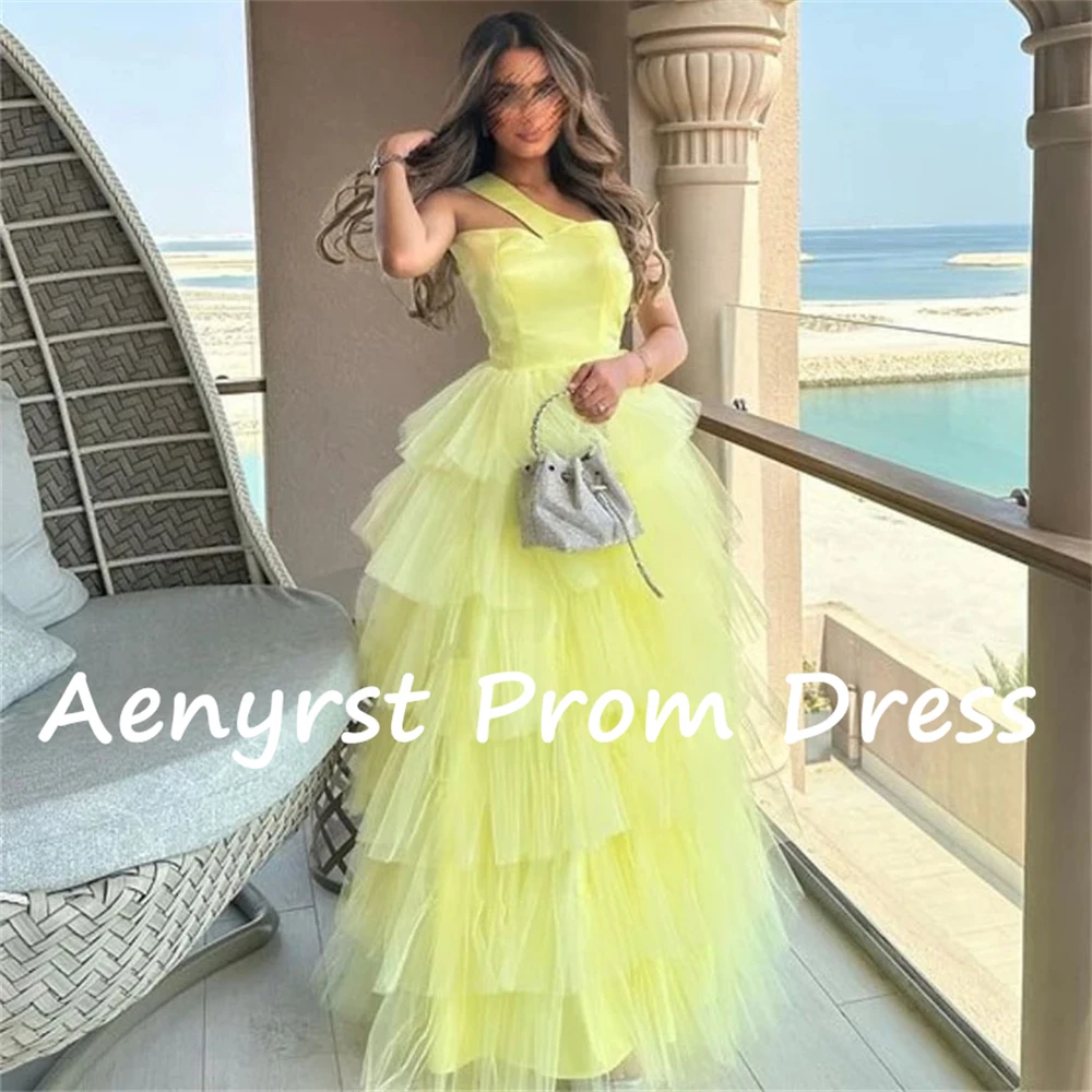 Aenyrst Yellow One Shoulder Prom Dresses A Line Tulle Tiered Evening Gowns Floor Length Dinner Party Dress Elegant فساتين السهرة