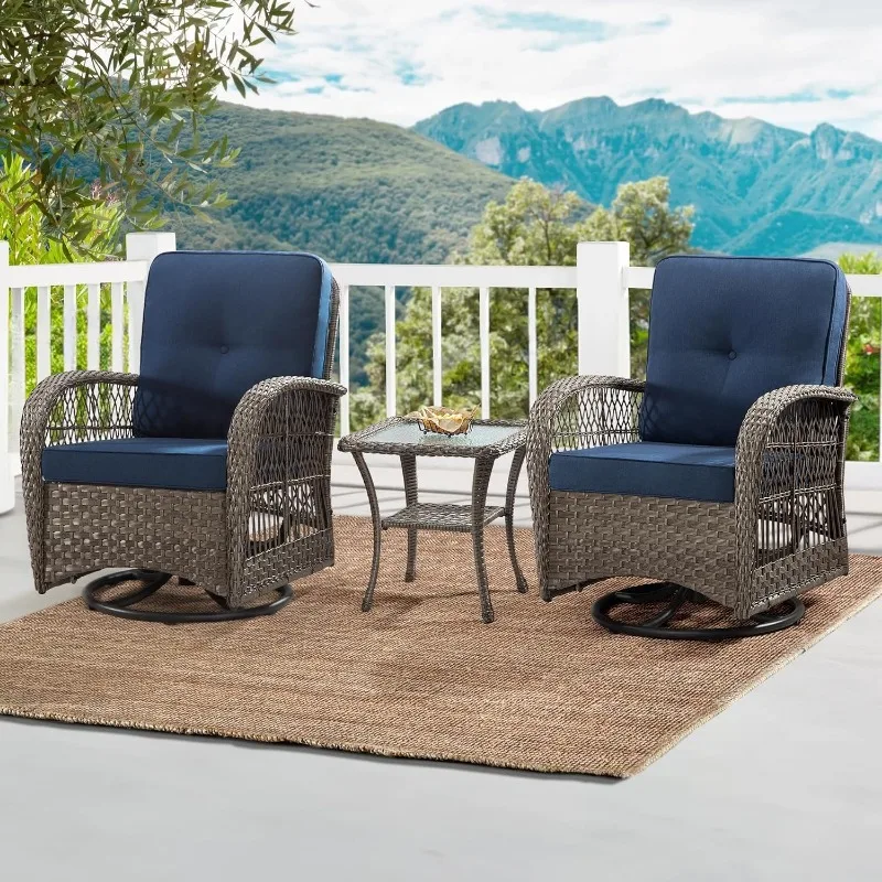 Wicker Swivel Rocking Chair Set with Matching Coffee Table & Premium Fabric Cushion Included(Mixed Grey/Blue)