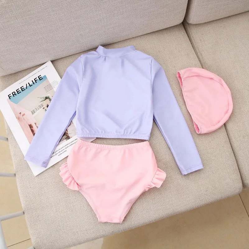 2024 Summer Baby Girls Korean Version Split Swimsuit Set Kids Long Sleeve Top+Bikini+Swimming Cap Three-piece Set Girls Swimwear