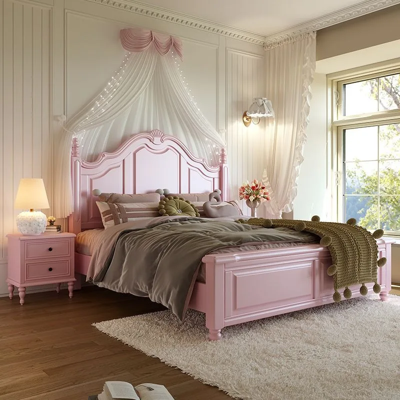 French pink princess bed 1.5m all solid wood bed children's bed, advanced American master bedroom small apartment girl bed