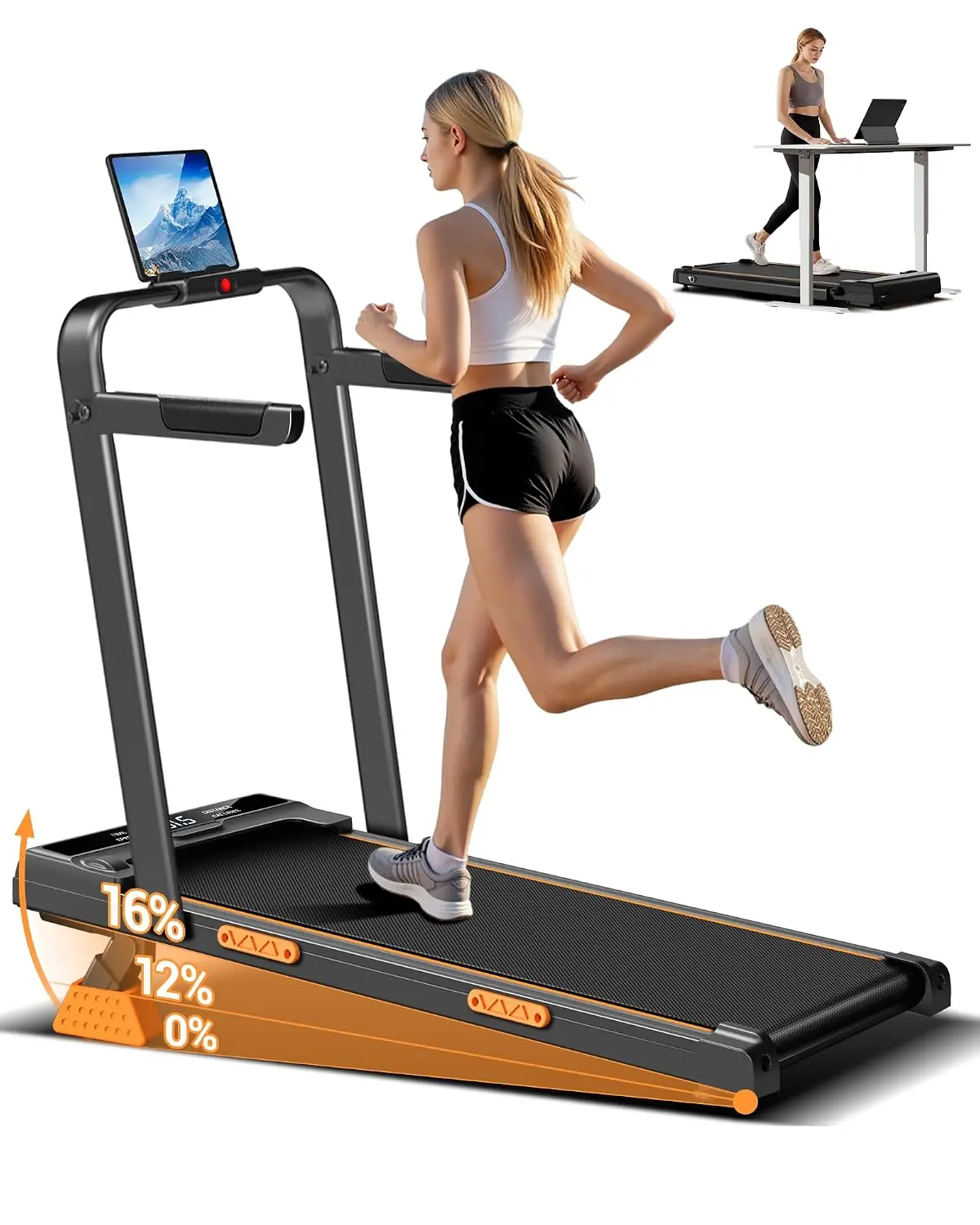 16% Incline Walking Treadmill 3-in-1 Under Desk Foldable Compact 2.5HP Quiet 330LBS Home Office LED, Customized