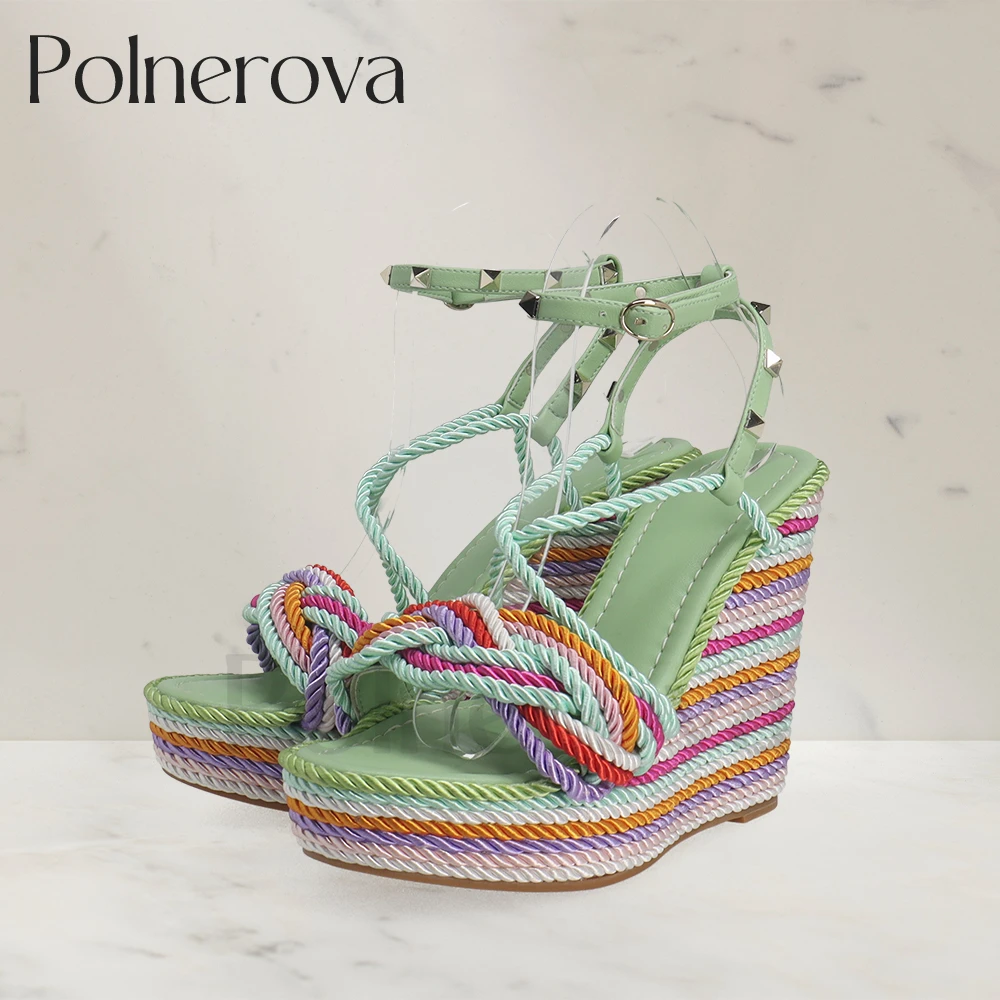 

Color Block Hemp Rope Wedges Studs Luxurious Designer Sandals Multicolor Fashion Summer Shoes Platform Buckle Sandals for Women