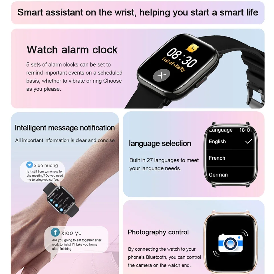 bluetooth watch vibrate Marlowe Calls and Messages Reminder Vibration Mode Bluetooth Connection  Compatible Black Smart Watch main image 0