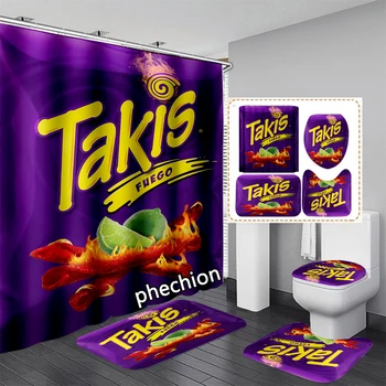 Phechion Snacks Takis 3D 인쇄 방수 욕실 샤워 커튼 화장실 커버 매트 미끄럼 방지 바닥 매트 (1/3/4Pcs) W64 