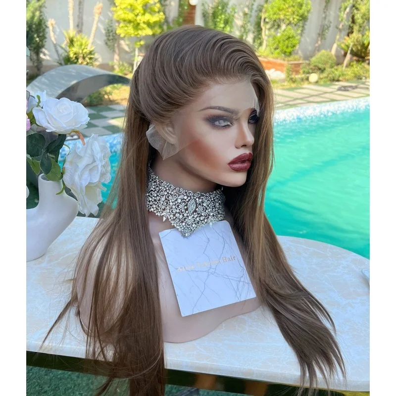 غلويليس ارتداء اليومي جودة عالية براون مستقيم الدانتيل الجبهة الباروكة الاصطناعية الدانتيل الباروكة مقاومة للحرارة #5