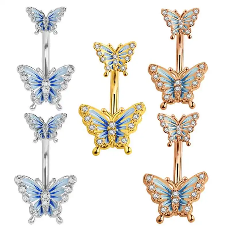 

2023 Hot Sales Butterfly Belly Button Rings for Women Stainless Steel Dangle Belly Rings CZ Curved Reverse Navel Ring Belly Pier