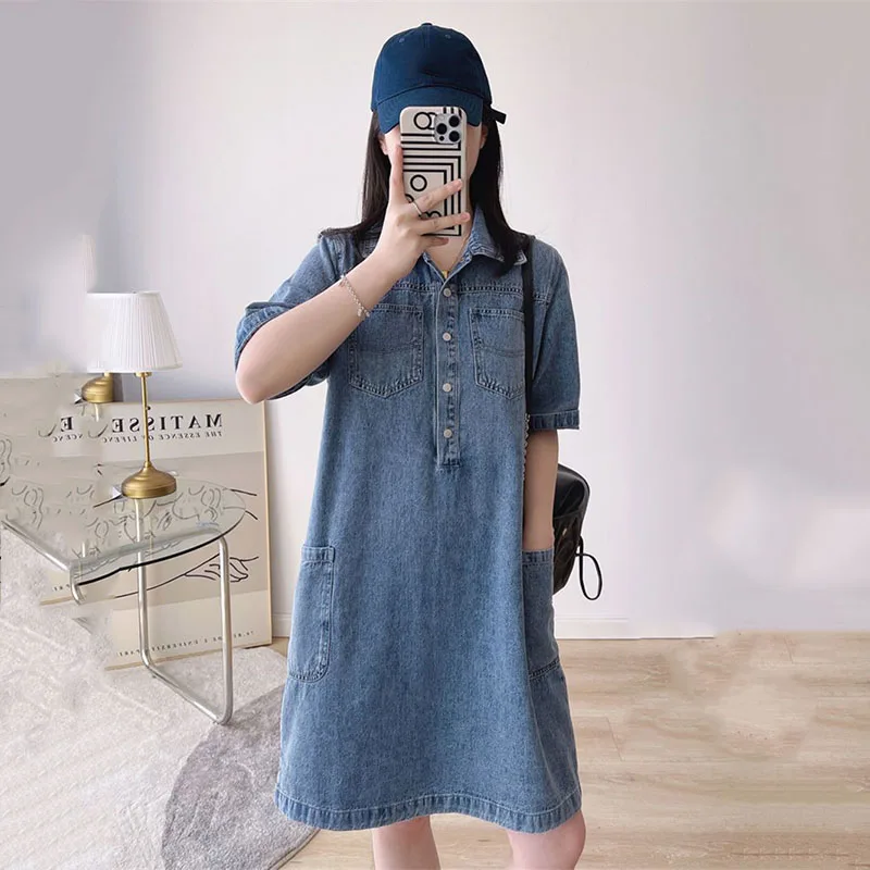 

2023 New Summer Denim Women Dresses Fashion Short Sleeve Turndown Cowboy Female Dress Elegant Ladies Mid Long Dress Vestidos