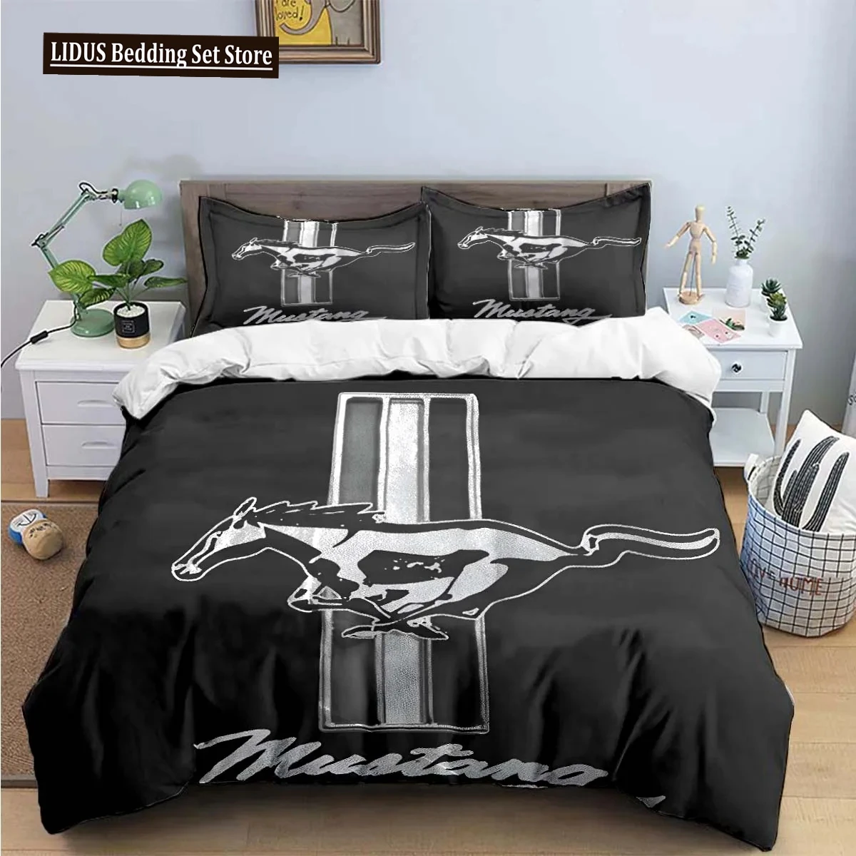 

3D Print Mustang Car Logo Bedding Set Boys Girls Twin Queen King Size Duvet Cover Pillowcase Bed Boys Adult Home Textileextile