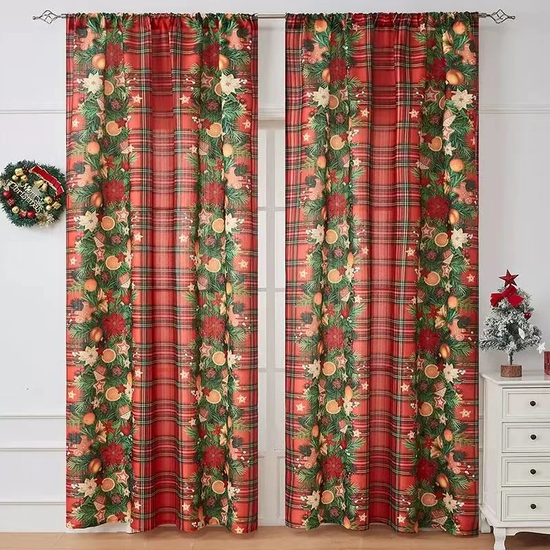 

1pc Christmas Red Plaid Pine Tree Fruit Curtain Festive Window Decor for Holiday Kitchen Dining Room Dropshipping