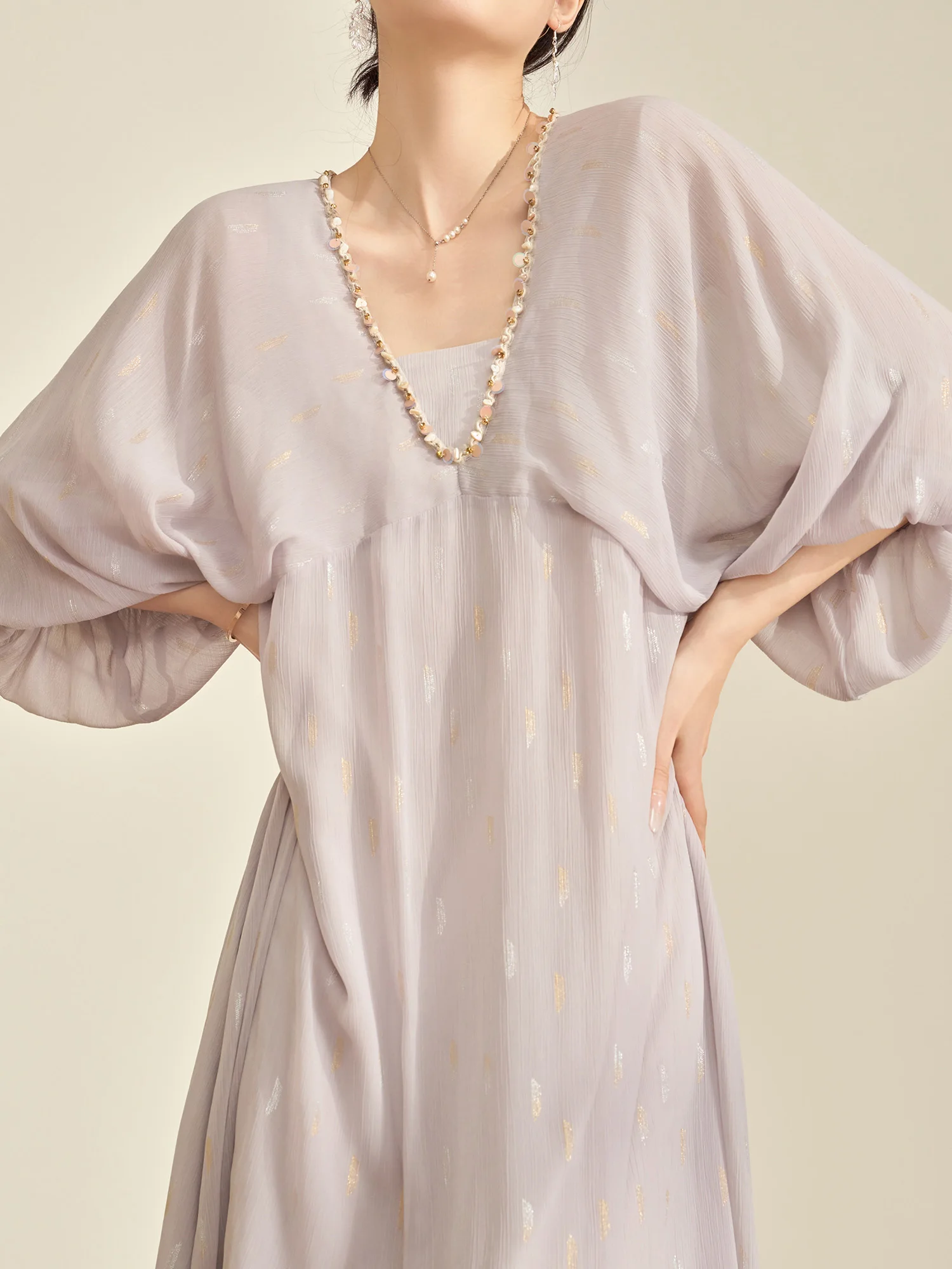 

Violet Colored Heavy Embossed Gold Print Loose Women's Dress Long Spring New Style Casual Natural Waist Polyester Fiber