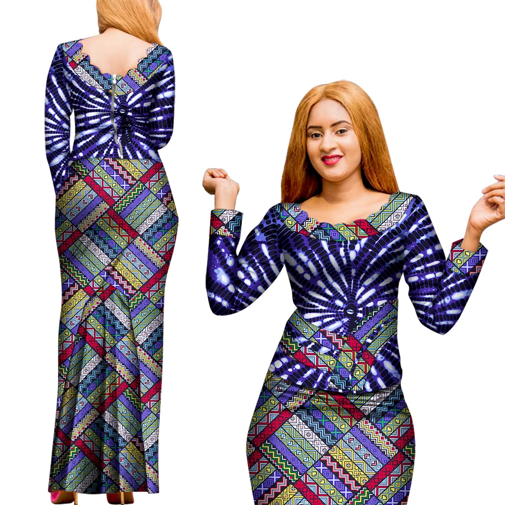 

2 Pcs Skirt and Top Set African Clothes for Women African Print Women Long Sleeve Blouse and Long Skirt Ankara Outfit WY8008