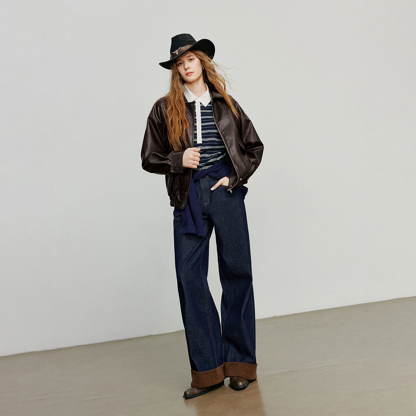 TOYOUTH النساء الدنيم السراويل واسعة الساق 2025 الخريف NewAsymmetric الرجعية اللون مكبل هيم كتلة اللون الربط تصميم #2