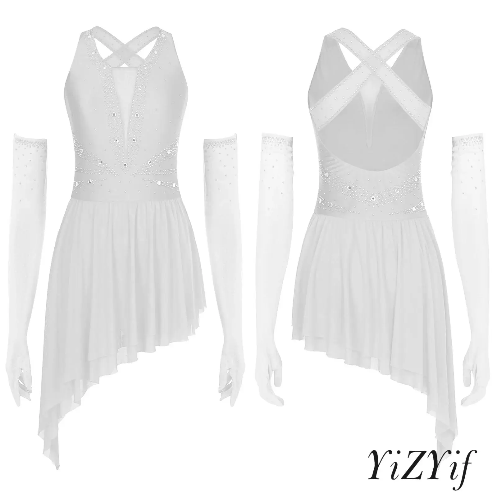 

Womens Figure Skating Dance Dress Set Glittery Rhinestone Sleeveless with Full-finger Mesh Long Gloves Stage Competitions Wear