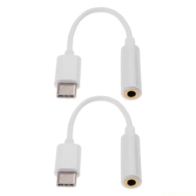 E56B 2Pcs USB Type C to 3.5 Port Earphone Adapter Cord USB C 3 5mm Cable Converter Wire Line 7cm Long White/ Black