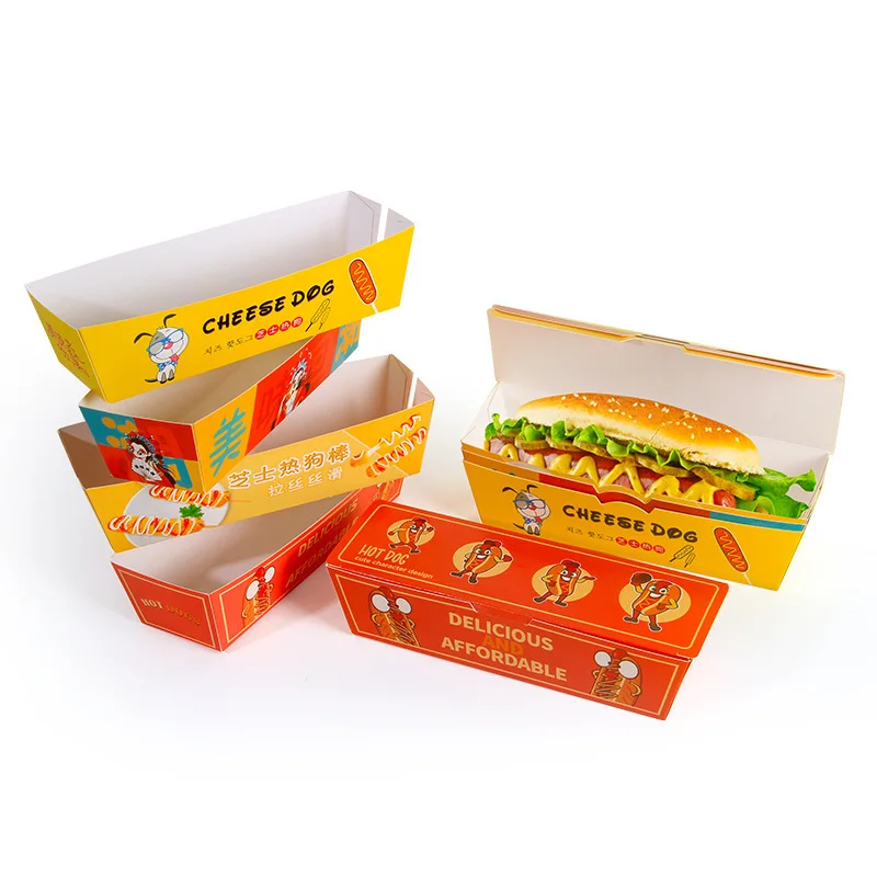 Op Maat Gemaakte Producten Wegwerp Rechthoekige Kraft Box Take Out Kaas Hotdog Containers Food Holder Trays Papier