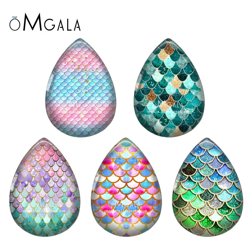 5pairs Colorful Gliter Fish Scale Patterns 13x18/18x25mm Photo Glass Cabochon Flat Back For DIY Jewelry Making Findings