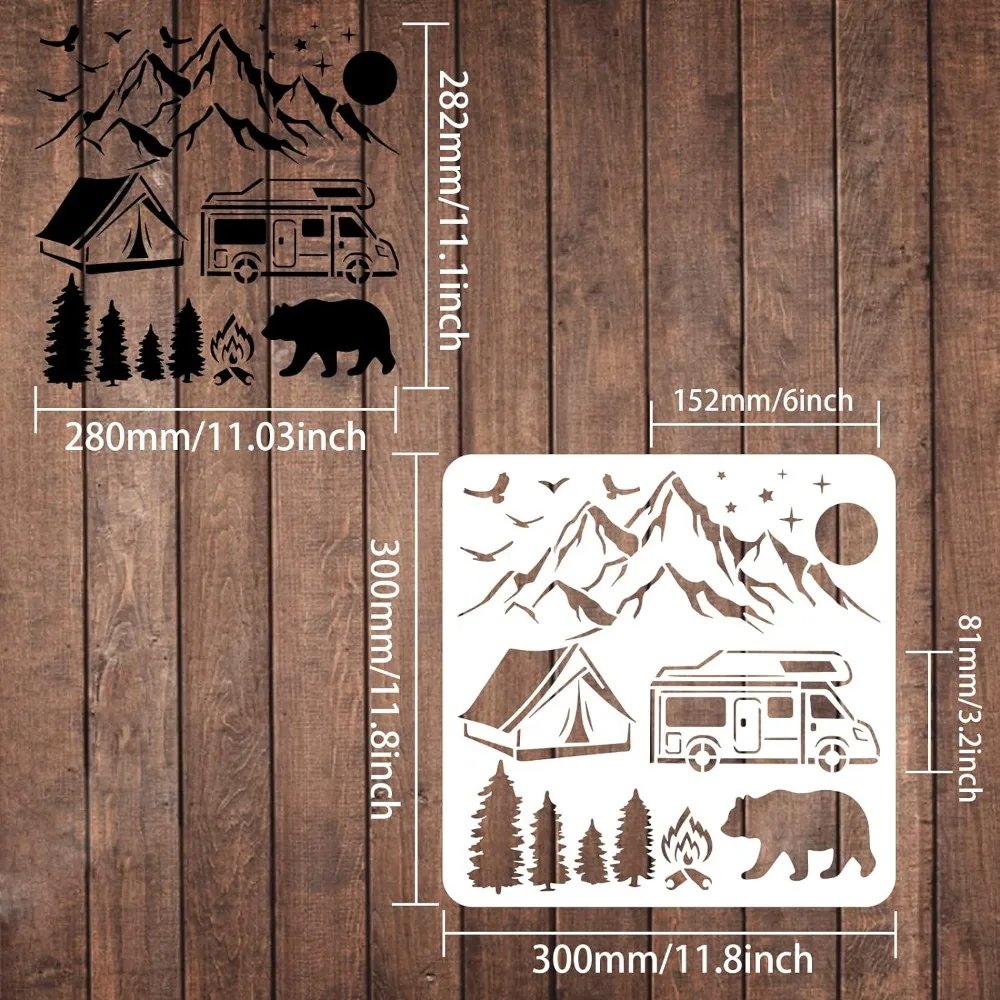 Camp Stencils 11.8x11.8inch Plastic Mountains Sun Tent Bear Pine Tree Drawing Stencils Birds Car Fire Pattern Stencils Reusable