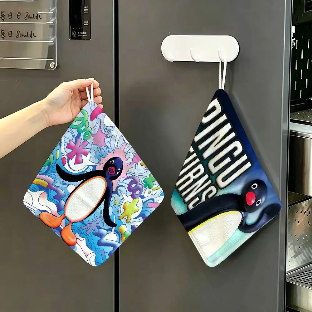 Cartoon Pingu Penguin Polyester Cotton Hanging Kitchen Towel, Absorbent Hand Wiping Cloth for Daily Cleaning Drying