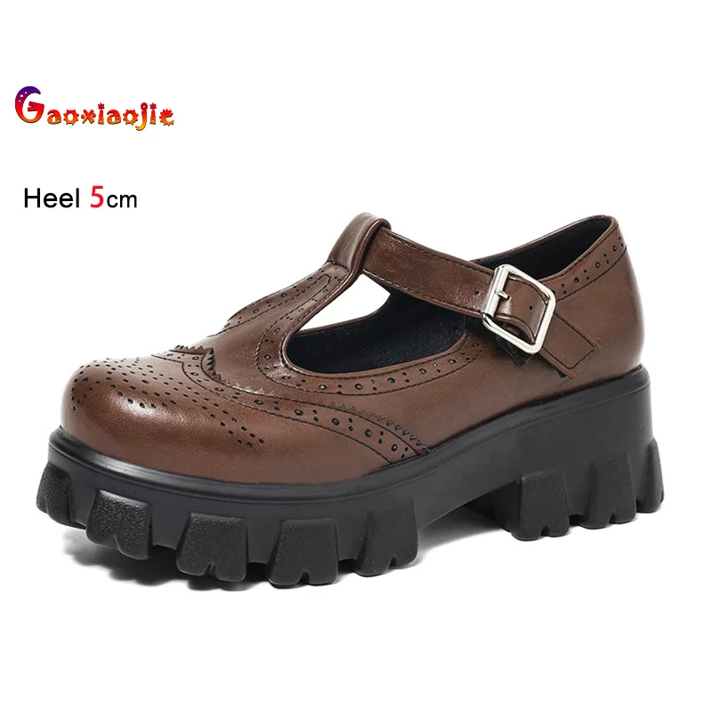 

Новые женские повседневные туфли с Т-образным ремешком и вырезами, 5 см, в академическом стиле, броги, весна-лето, на толстой нескользящей подошве, CD