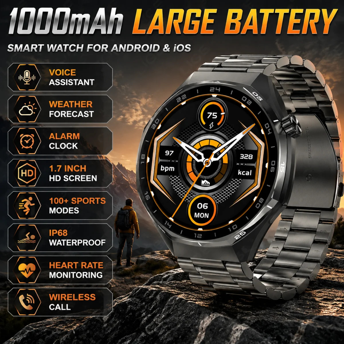 2026 Military T-Rex3 Ultra Men's Smart Watch Women IP68 Waterproof 1000mAh Battery  Heart Rate 100+ Sports Modes Smartwatch Men