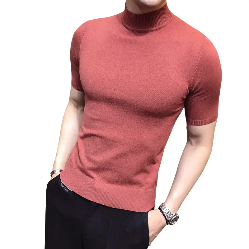 MRMT 2024 Brand Men\'s Sweater Pure Color Short Sleeves  Semi High Necked Pullover for Male Sweater Tops