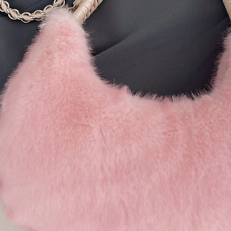 Halbmond-Design Lammwoll-Handtasche Clutch für Damen 2026 Winter Weiche Flauschige Handtasche Halbkreis-Plüsch-Umhängetasche Bolsa – Detail 12