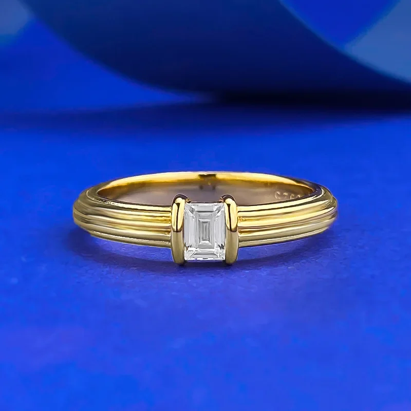 S925 banhado a prata ouro 3*4 anel retangular de diamante único para mulheres, anel feminino estrelado simples e bonito