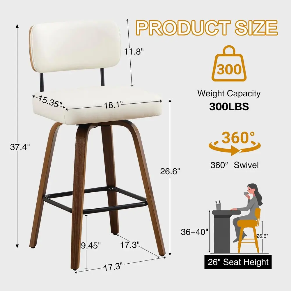 

Набор из 2 вращающихся барных стульев для кухни, обитых искусственной кожей, со спинкой, на ножках из орехового дерева, MidCen