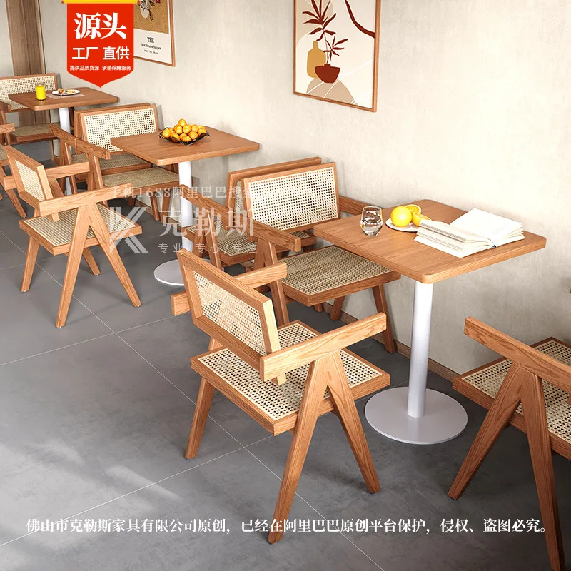 Solid wood milk tea dessert shop table and chair combination coffee house table baking burger shop chair log color square table