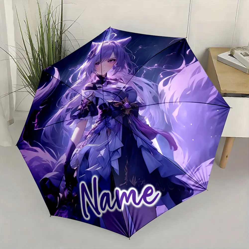 Custom Name  Anime Character Umbrella with Vibrant Purple Design Print 8 Iron Ribs Folding Umbrella Auto-Open Fashion Sunshade