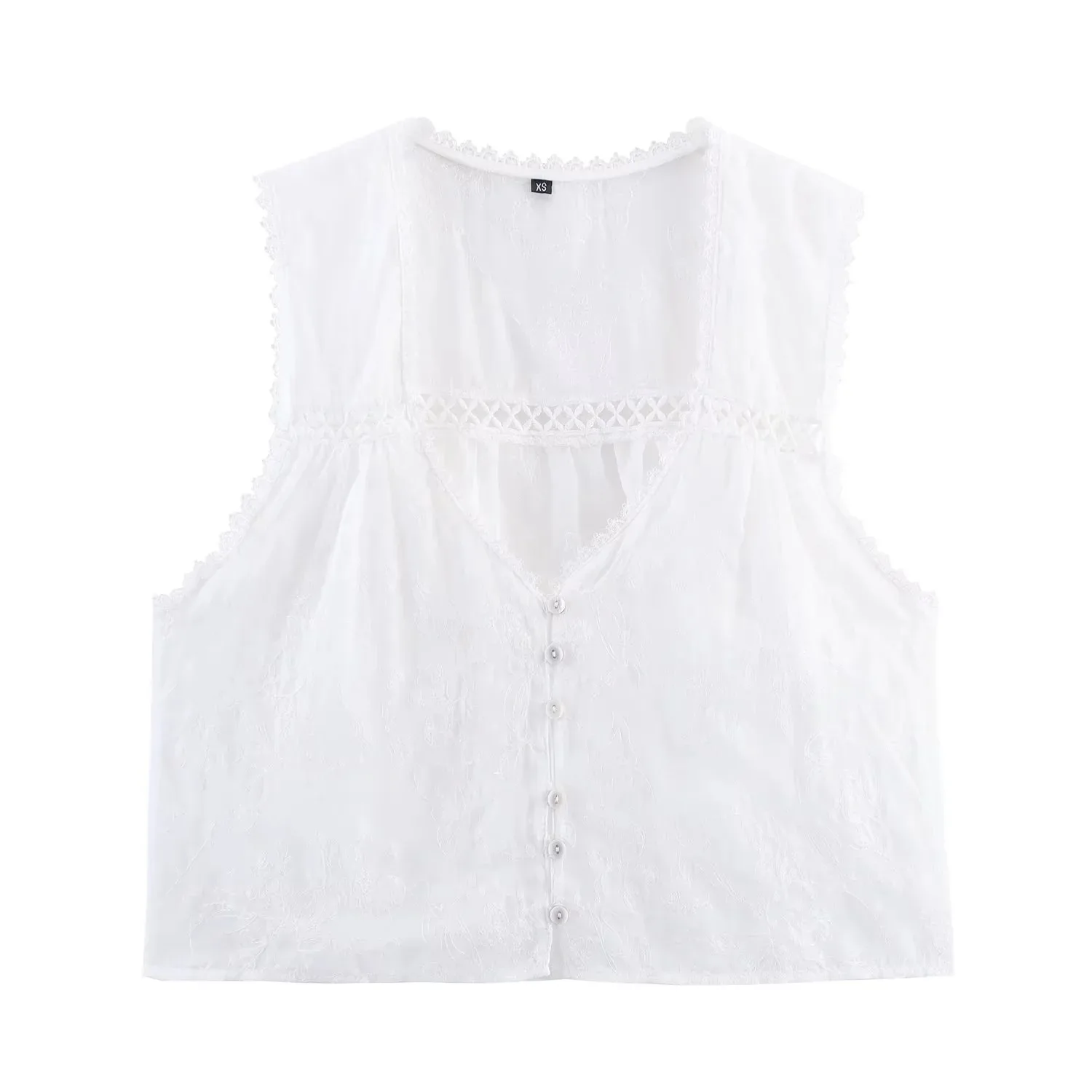 Womens New Fashion Lace Embroidery Decoration Casual V Neck Button Shirt Vintage Sleeveless Blouse Chic Tops