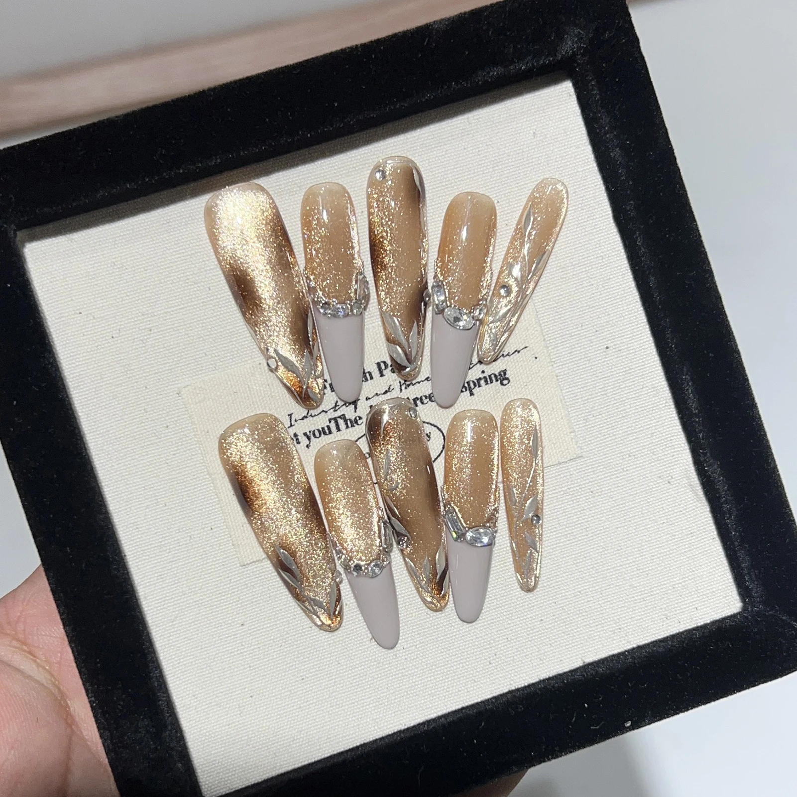 10 Stück ovale künstliche Nägel mit Leopardenmuster, Katzenauge, Zirkon-Strasssteine, handgefertigt, zum Aufdrücken der Nägel für Party, Hochzeit, DIY