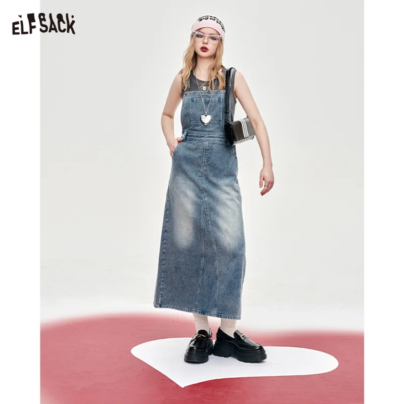 ELFSACK high rise denim material pinafore dress 2024 spring slim new street style straight denim dress A pendulum mid long lengt